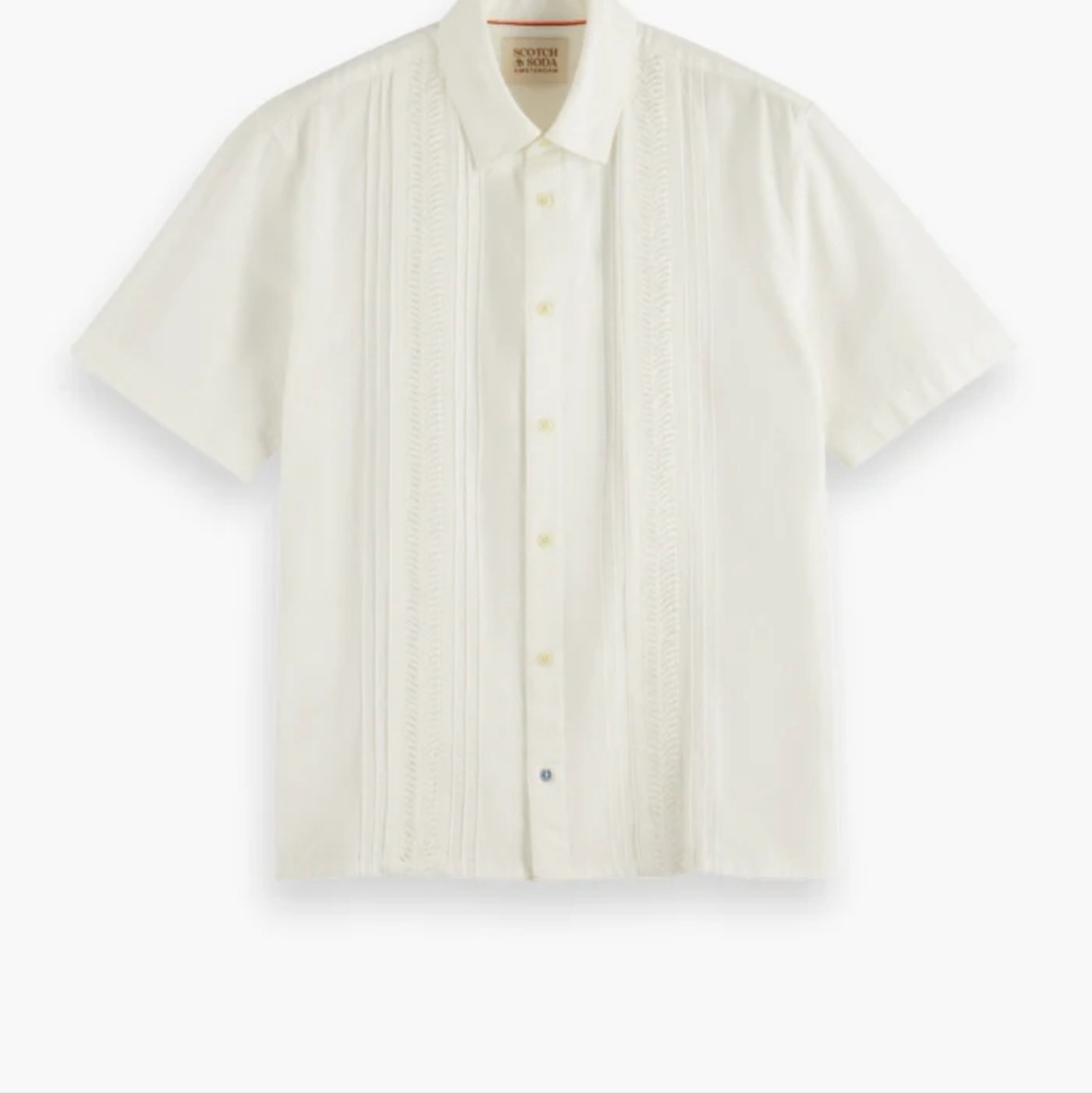 Scotch & Soda Men's Textured Linen Blend Cream Short Sleeve Button Down Shirt, L - Picture 2 of 10
